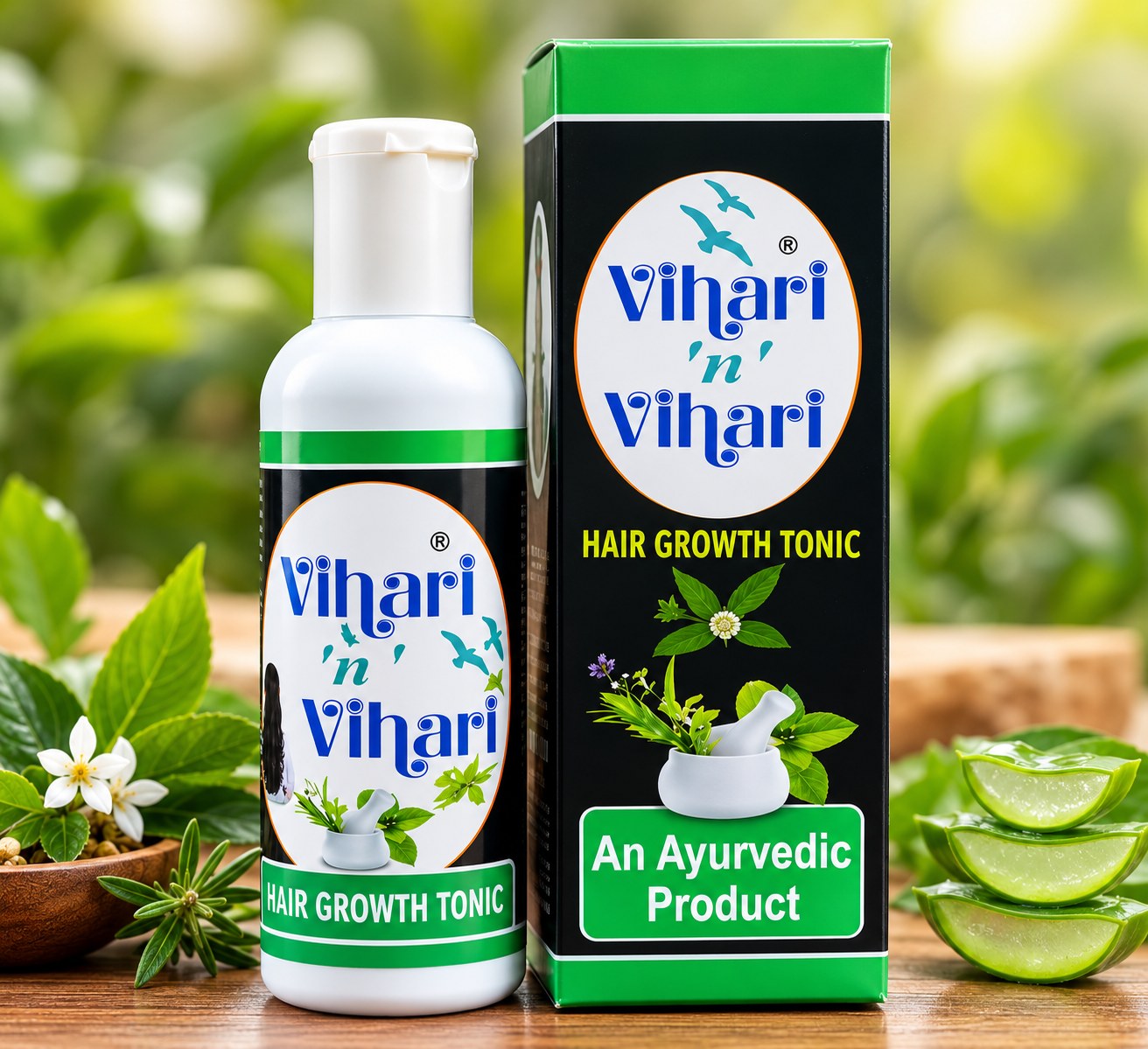 Vihari 'n' Vihari Ayurvedic Hair Oil bottle with product box